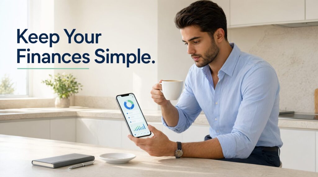 Smart young professional reviewing a simple budget planner on his smartphone