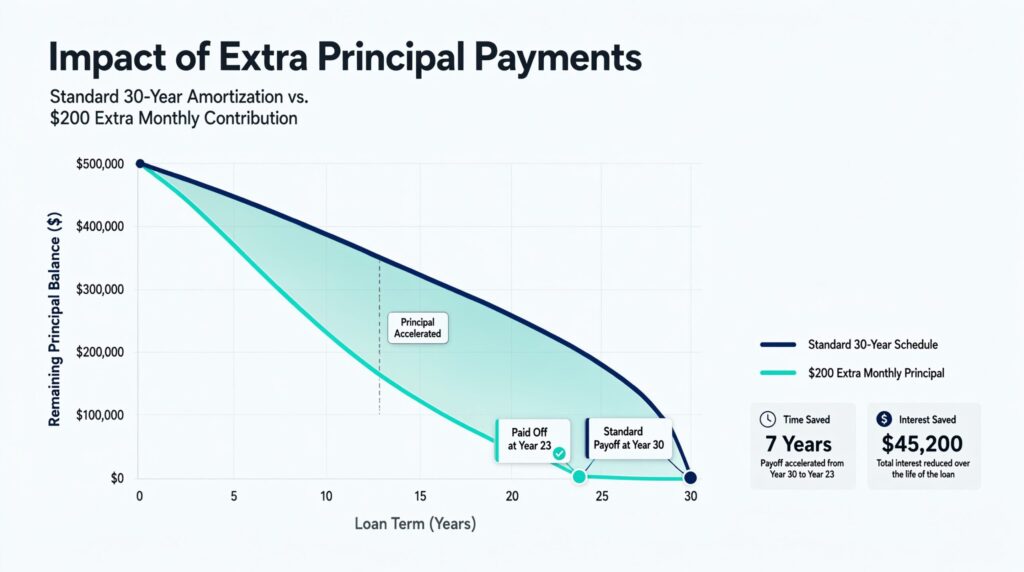 A line graph comparing a standard 30-year mortgage amortization schedule against an accelerated schedule with extra monthly payments