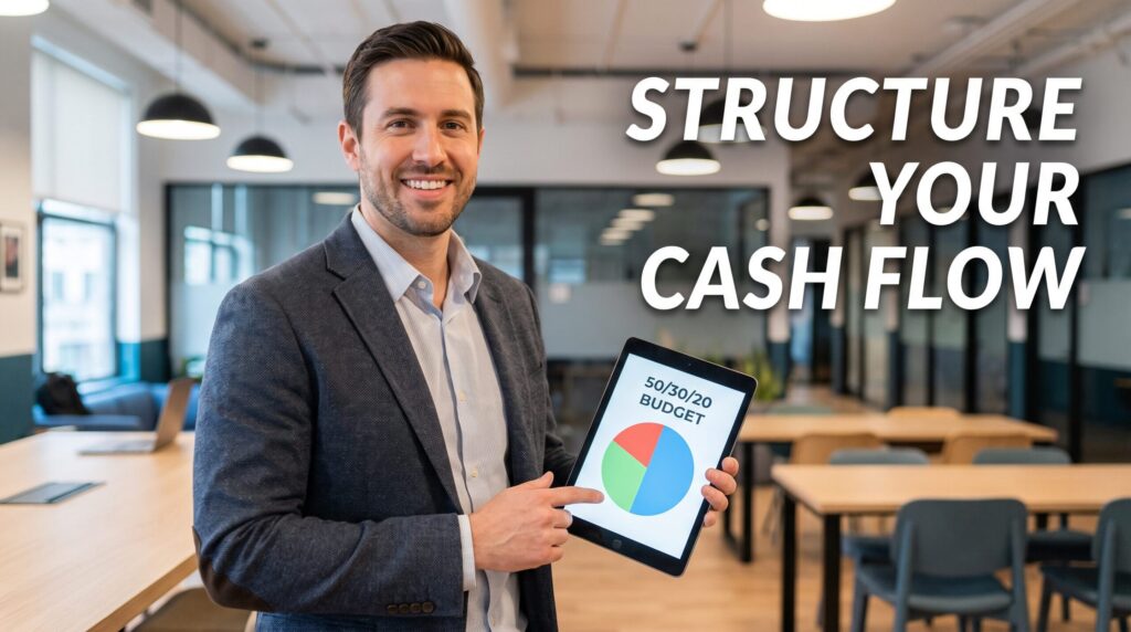 A young professional man holding a tablet with budget charts to create a realistic money plan.