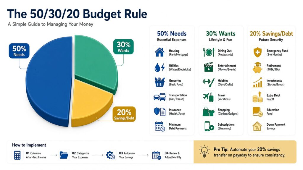 An infographic showing the 50/30/20 budget rule breakdown with needs, wants, and savings.
