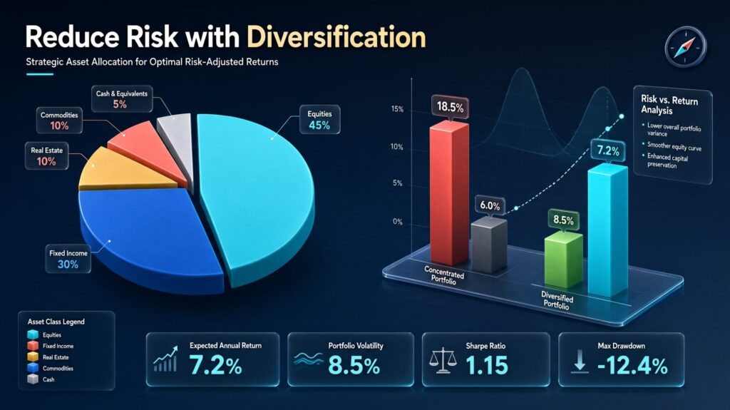 3D financial chart demonstrating portfolio diversification to lower investment risk.