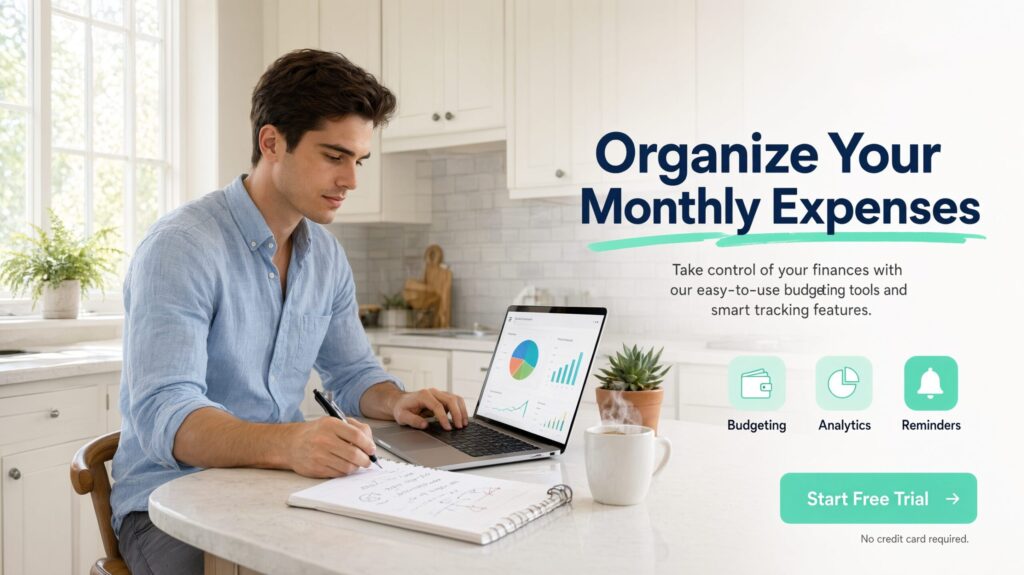 Young professional man organizing his monthly expenses on a laptop.