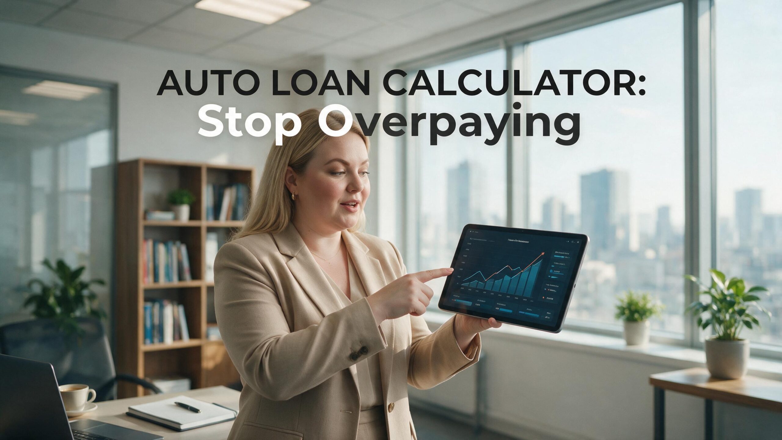 A female financial planner holding a tablet displaying the Nxfly Auto Loan Calculator.