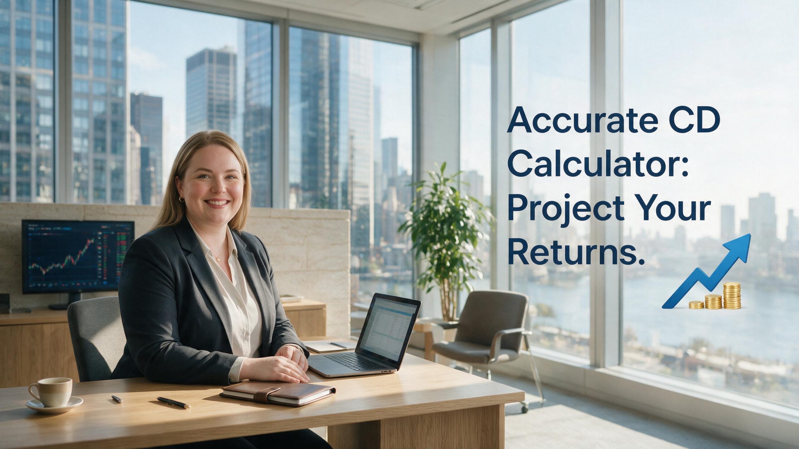 Professional female financial planner presenting the Nxfly CD Calculator for wealth management.