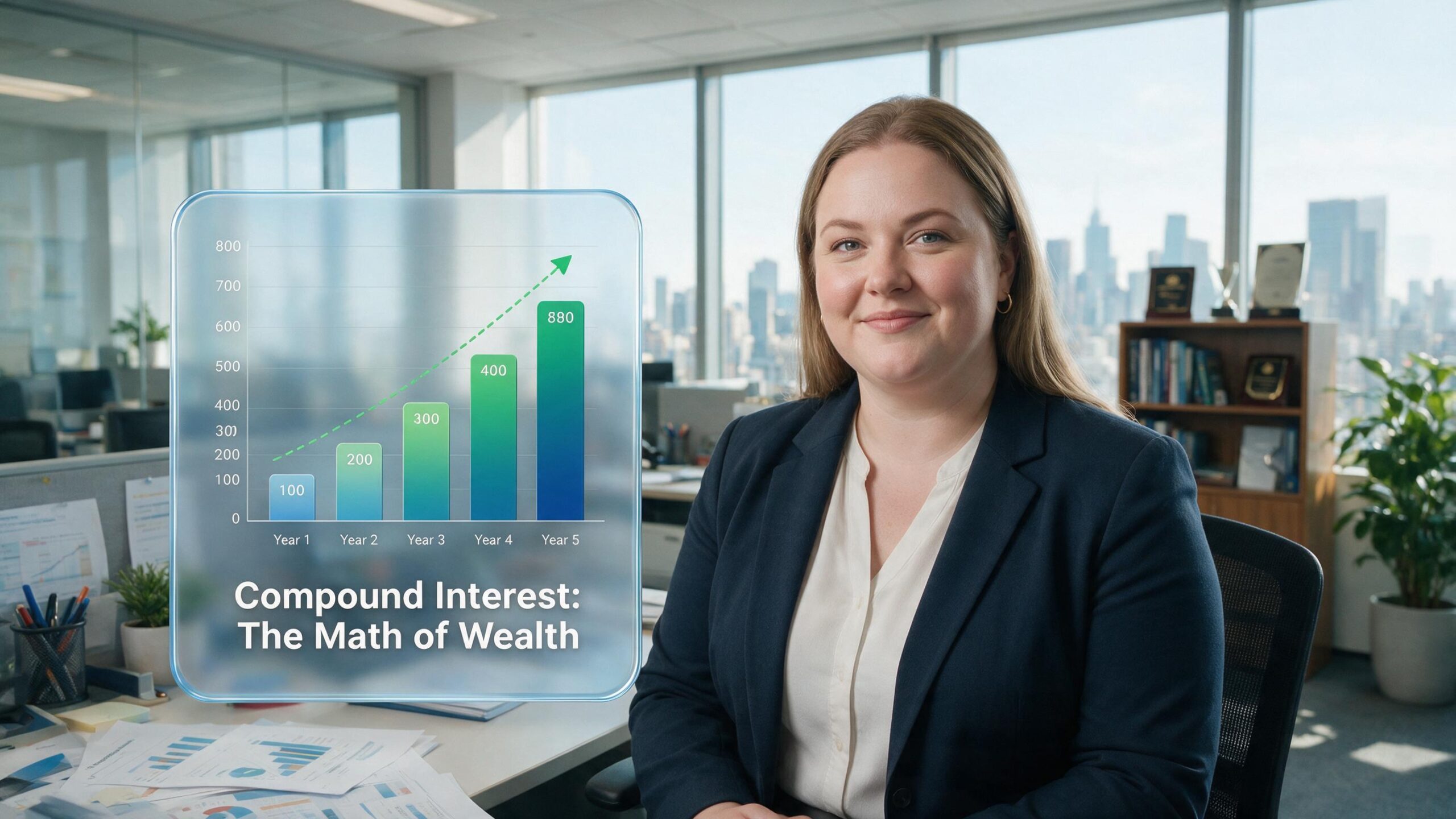 A financial expert introducing the compound interest calculator tool for wealth projection