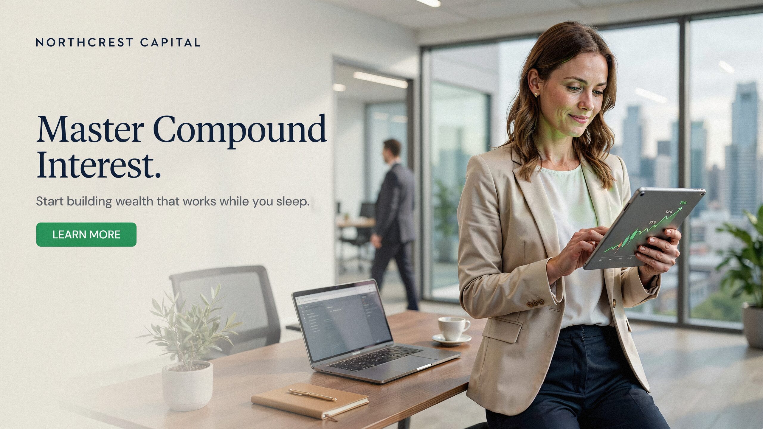 A professional woman looking at a tablet showing how compound interest helps your savings grow over time.