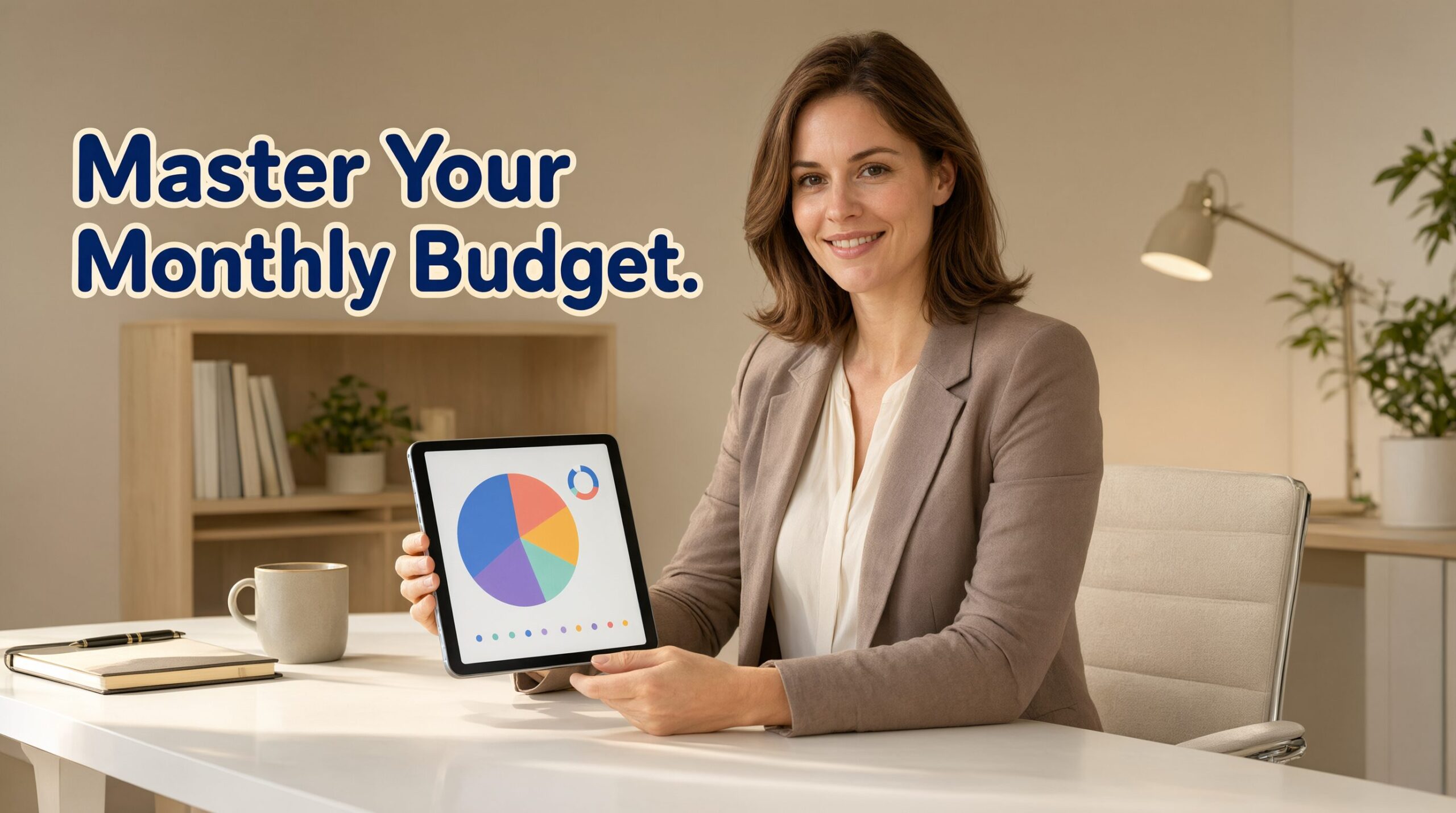 A professional woman smiling while reviewing her monthly budget plan on a tablet