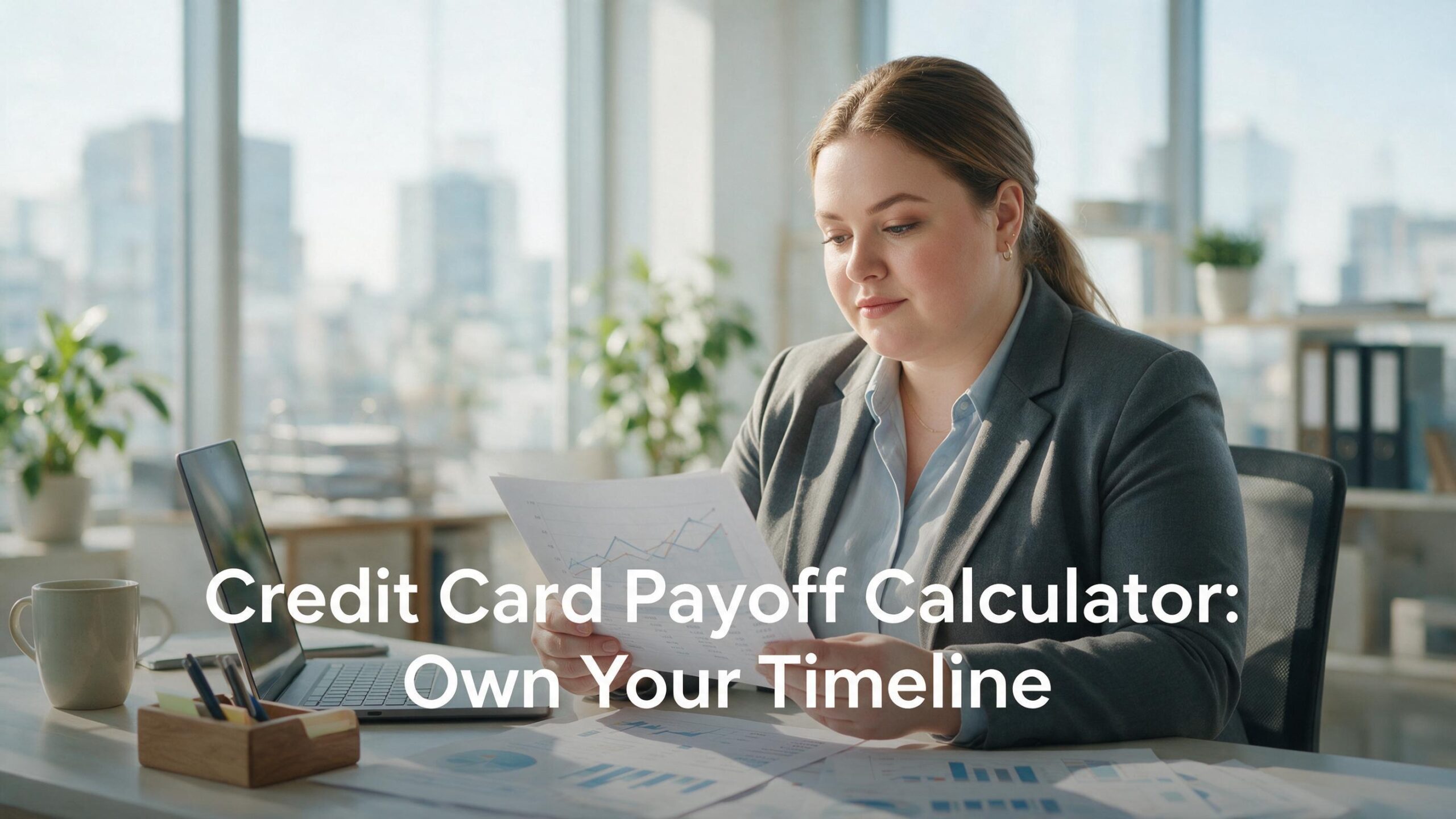 Professional woman analyzing debt reduction strategies using a credit card payoff calculator