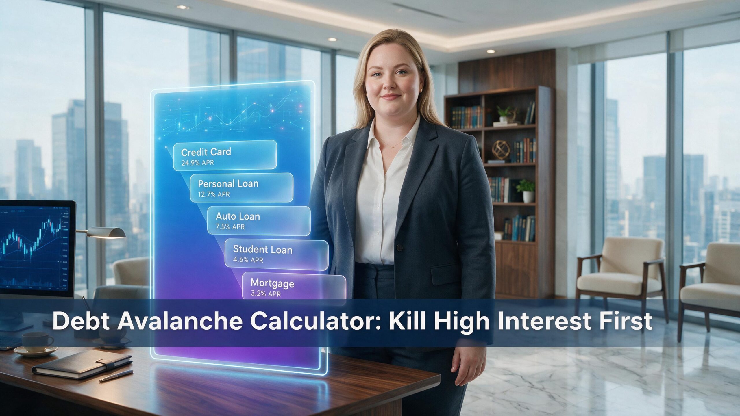 Professional female financial planner analyzing a debt avalanche calculator strategy to eliminate high-interest loans