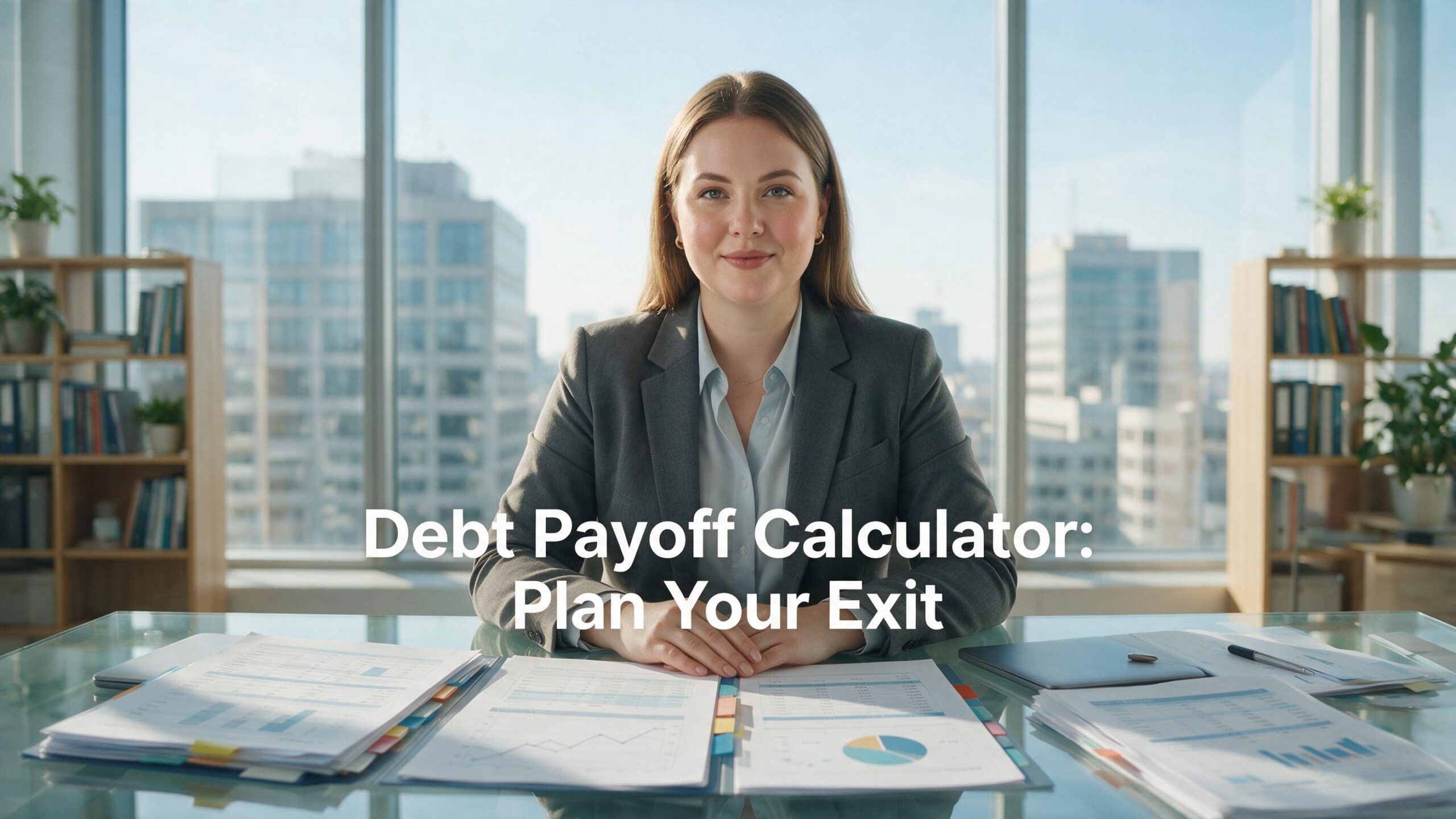 Professional female financial planner demonstrating how to use a debt payoff calculator