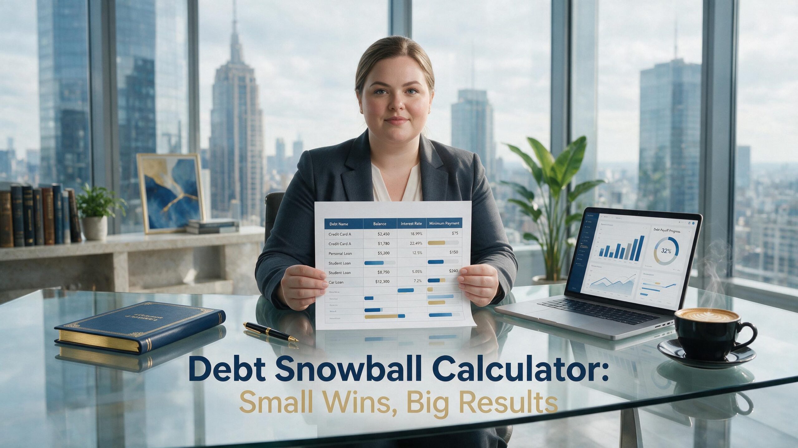 Female financial expert using a debt snowball calculator to organize and eliminate small loan balances fast
