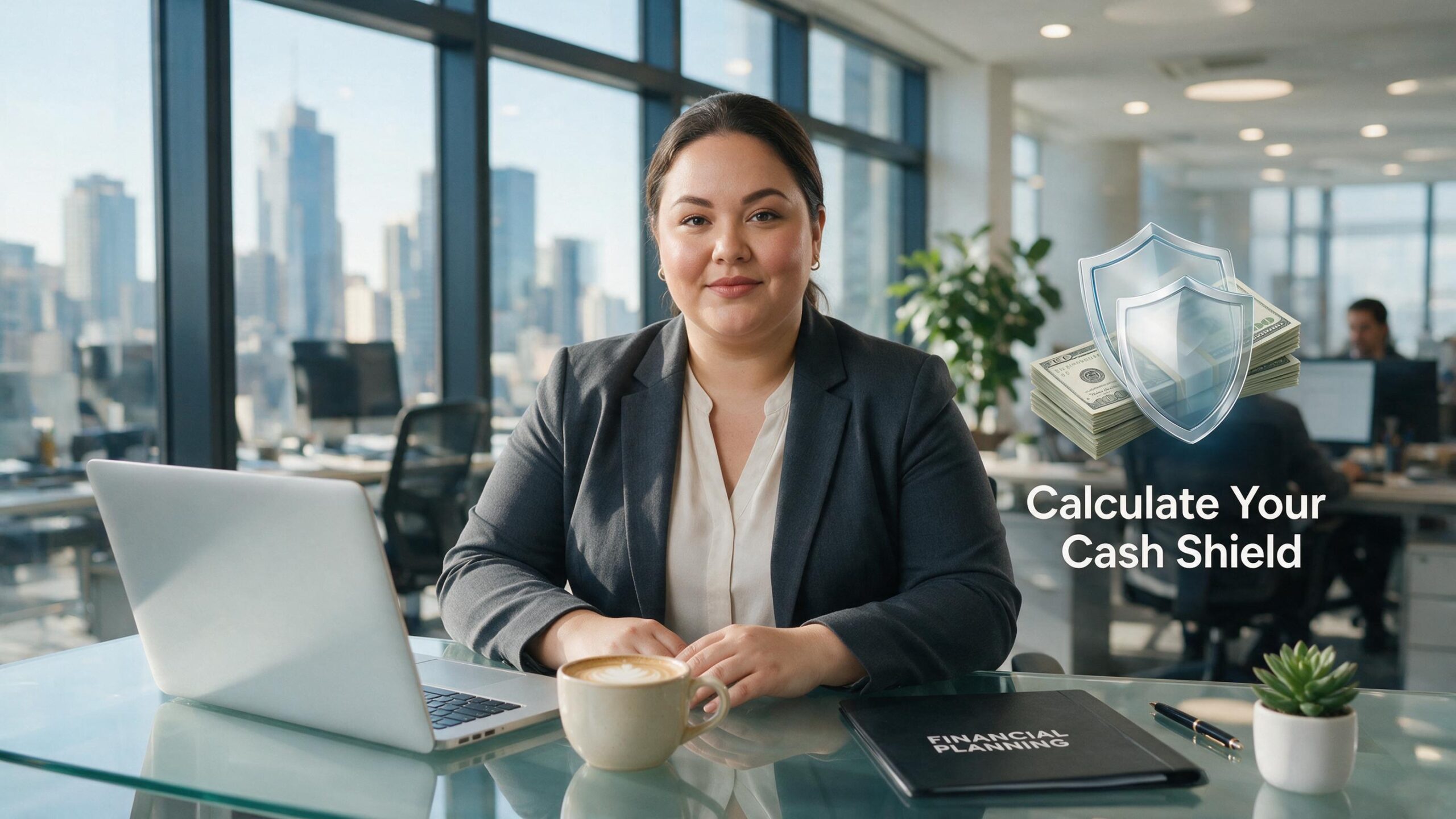 Professional female financial planner introducing the emergency fund calculator tool for cash reserves