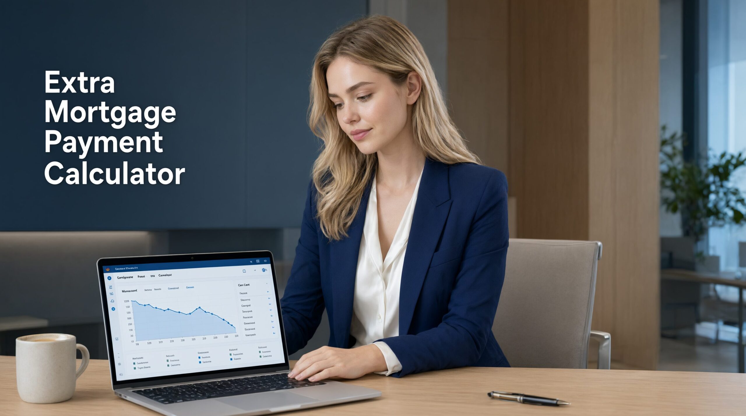 Woman analyzing early loan payoff savings using an extra mortgage payment calculator