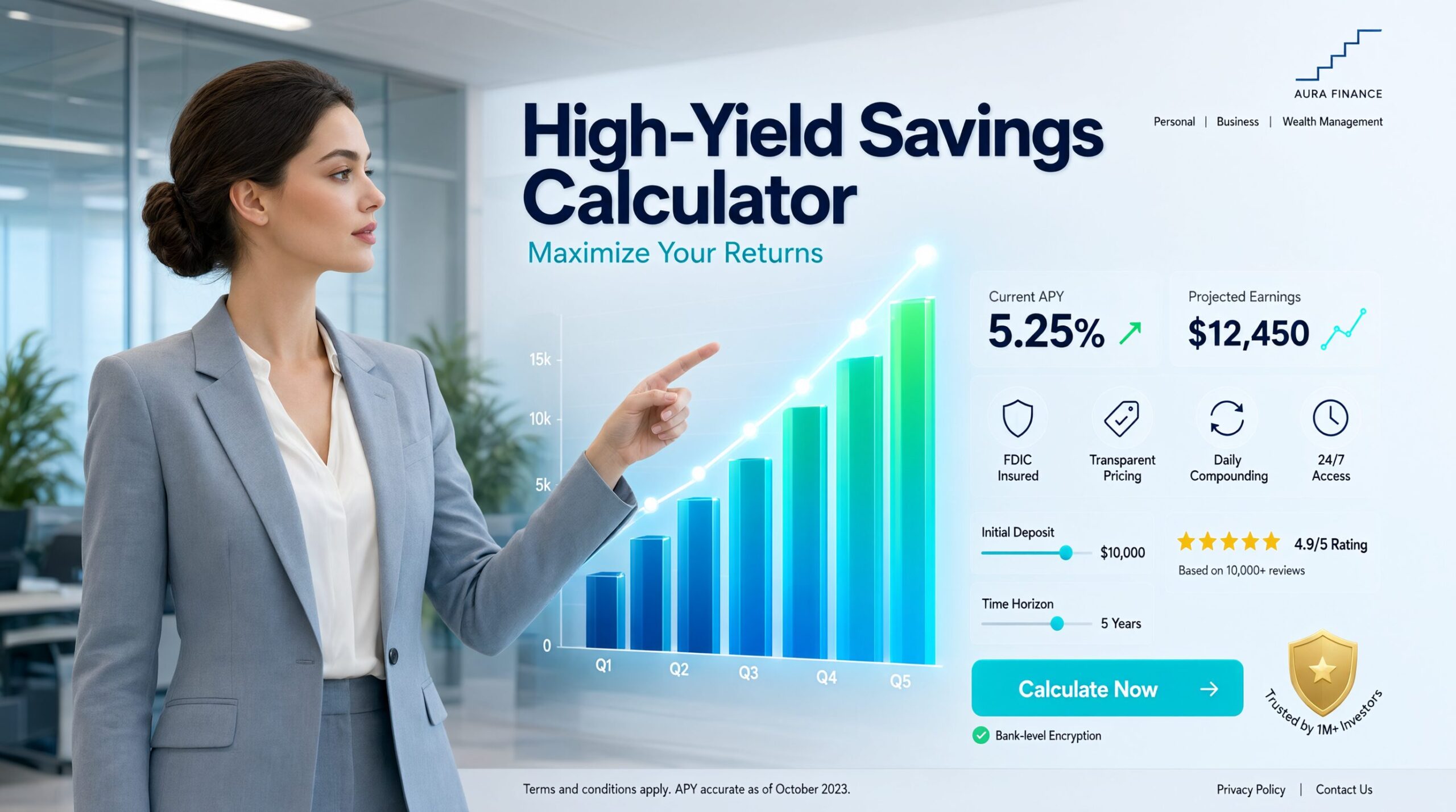 A financial advisor demonstrating the exact High-Yield Savings Calculator inputs for maximum APY returns.