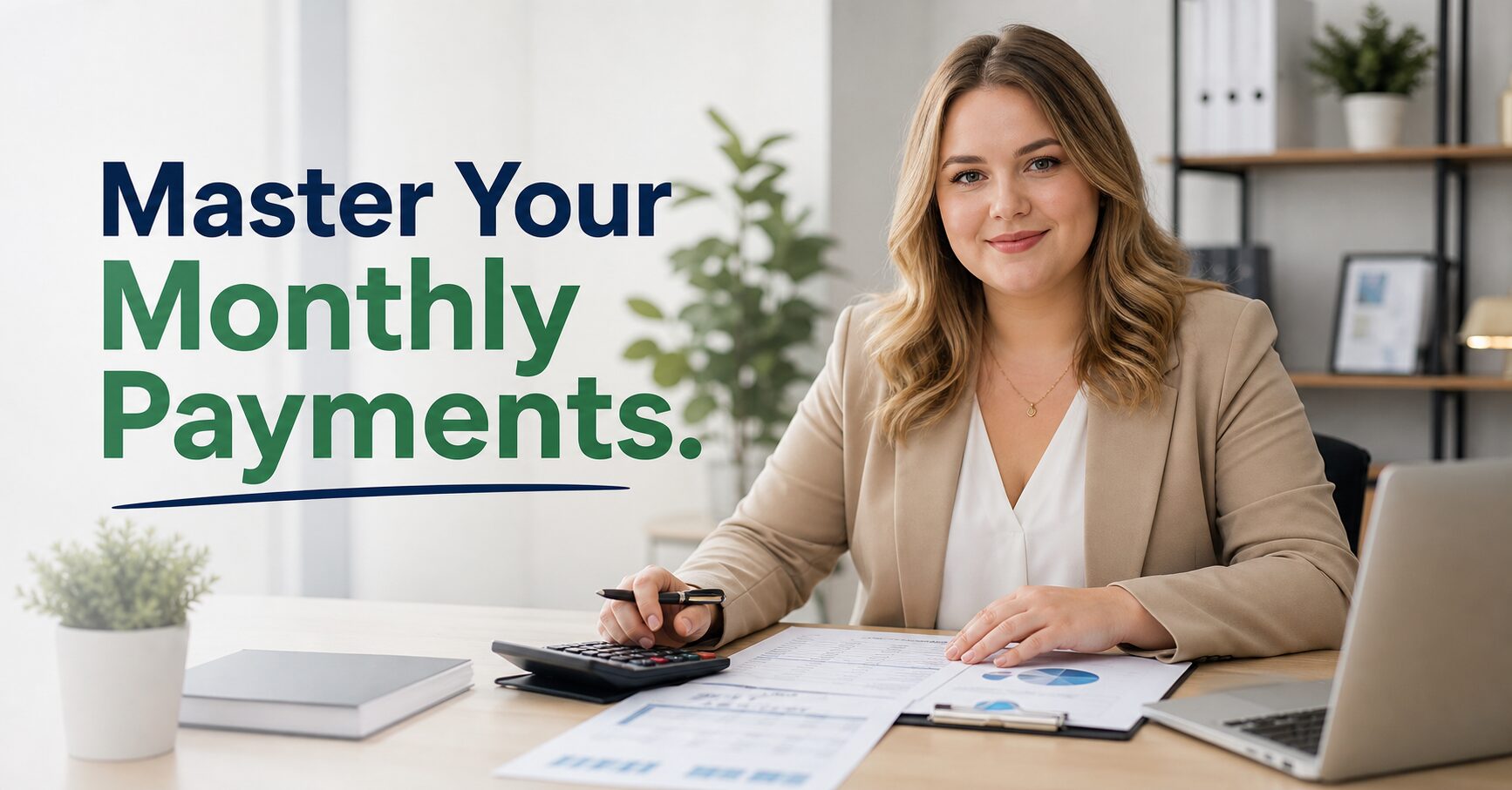 A confident woman learning how to calculate monthly loan payments before borrowing money.