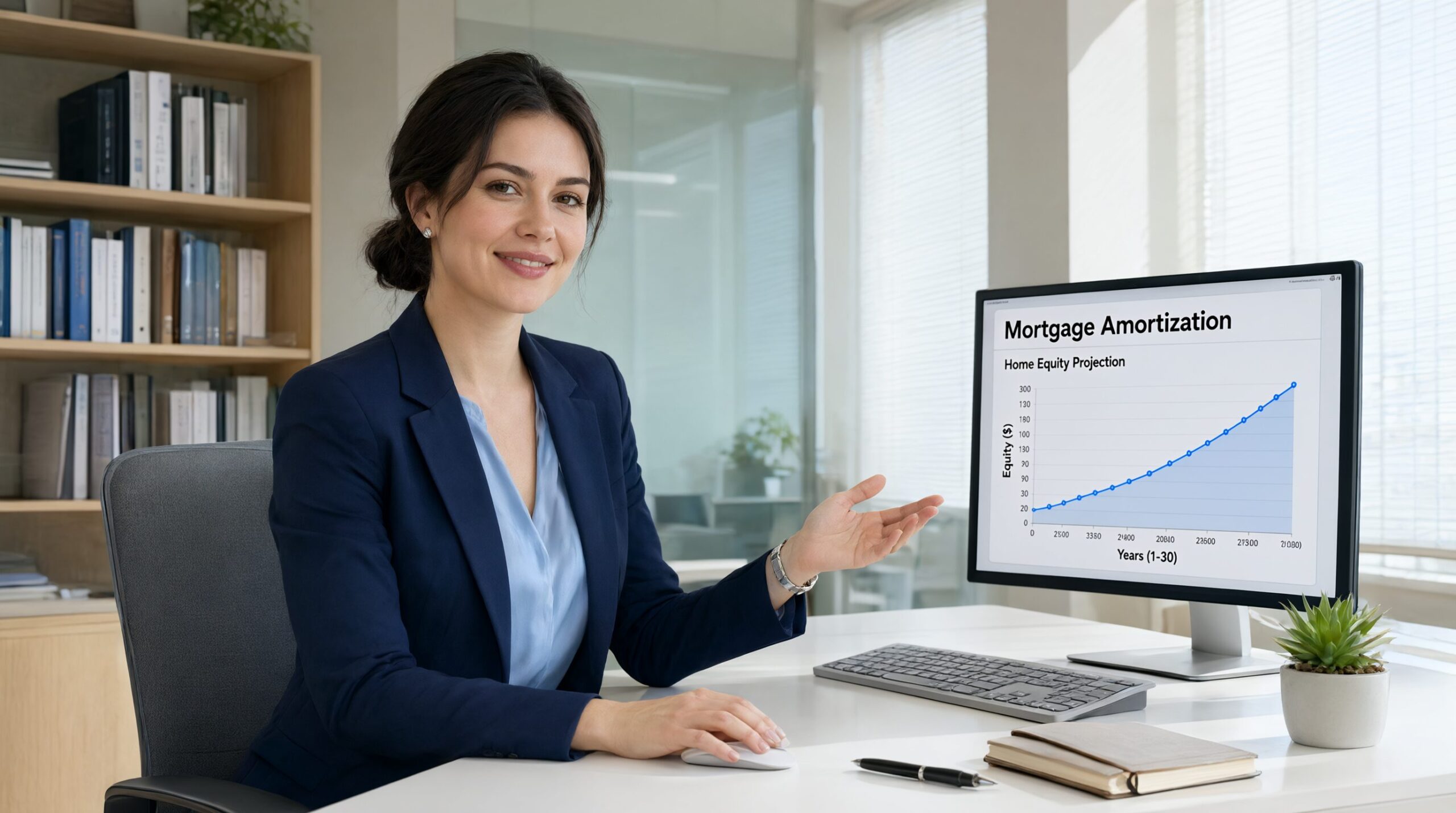 A professional female financial planner analyzing a mortgage amortization calculator schedule on an office computer monitor