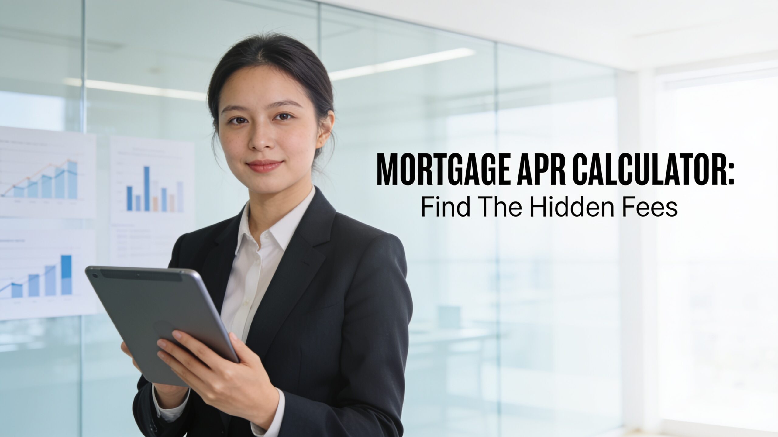 A financial advisor holding a tablet displaying the Nxfly Mortgage APR Calculator