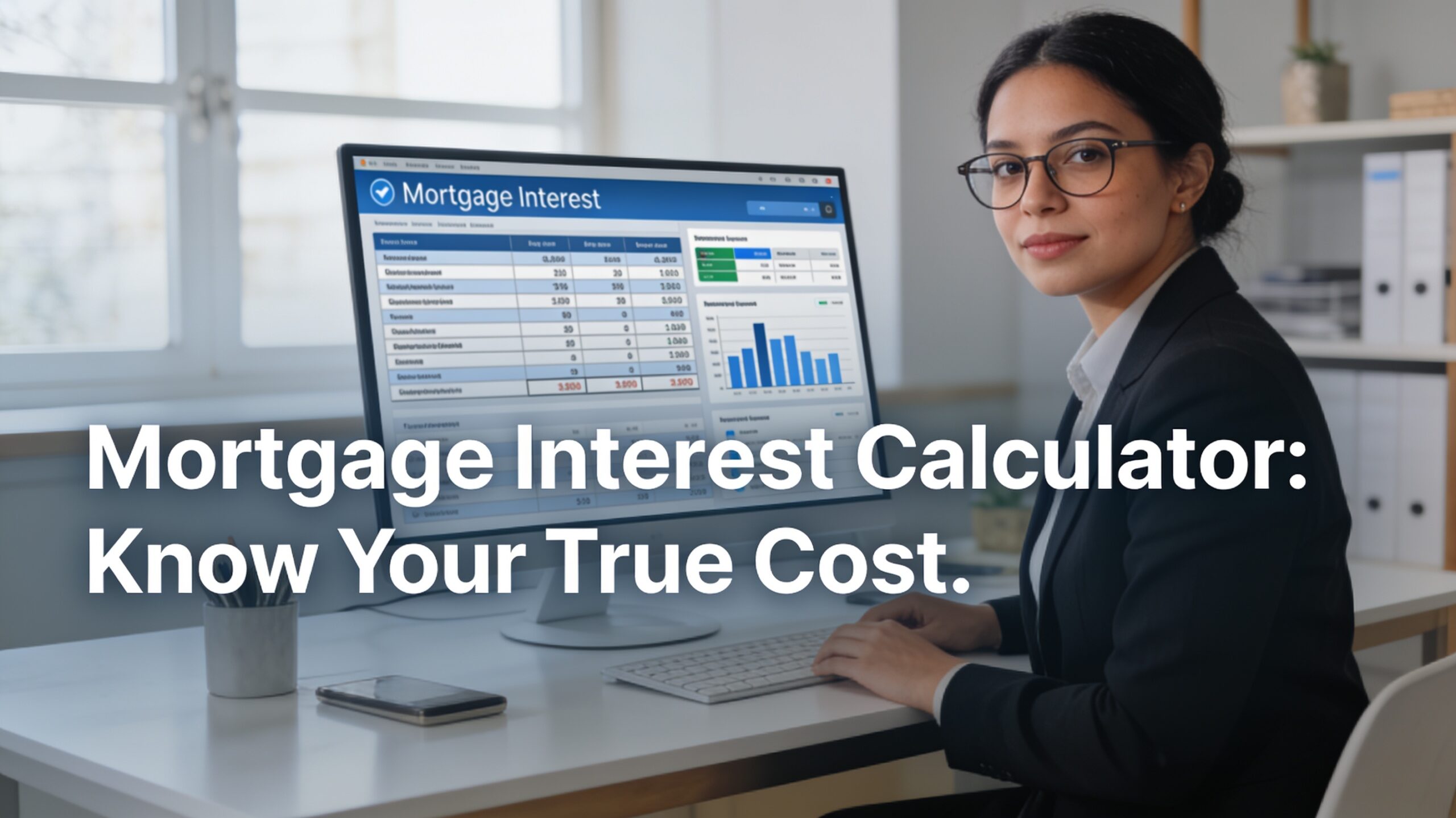 A financial planner using a mortgage interest calculator to show total loan costs.