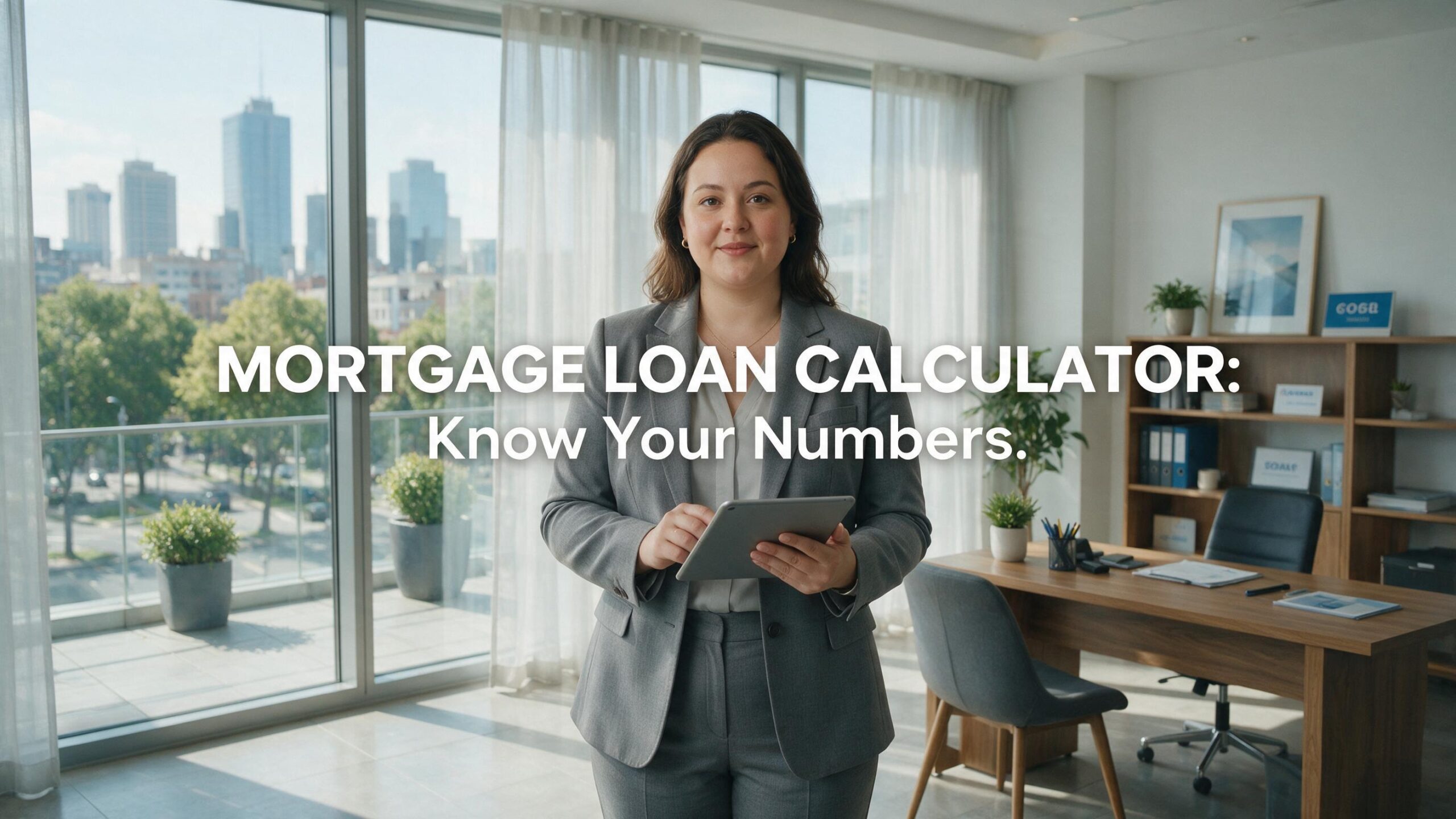 A female financial advisor holding a tablet showing the Nxfly Mortgage Loan Calculator.