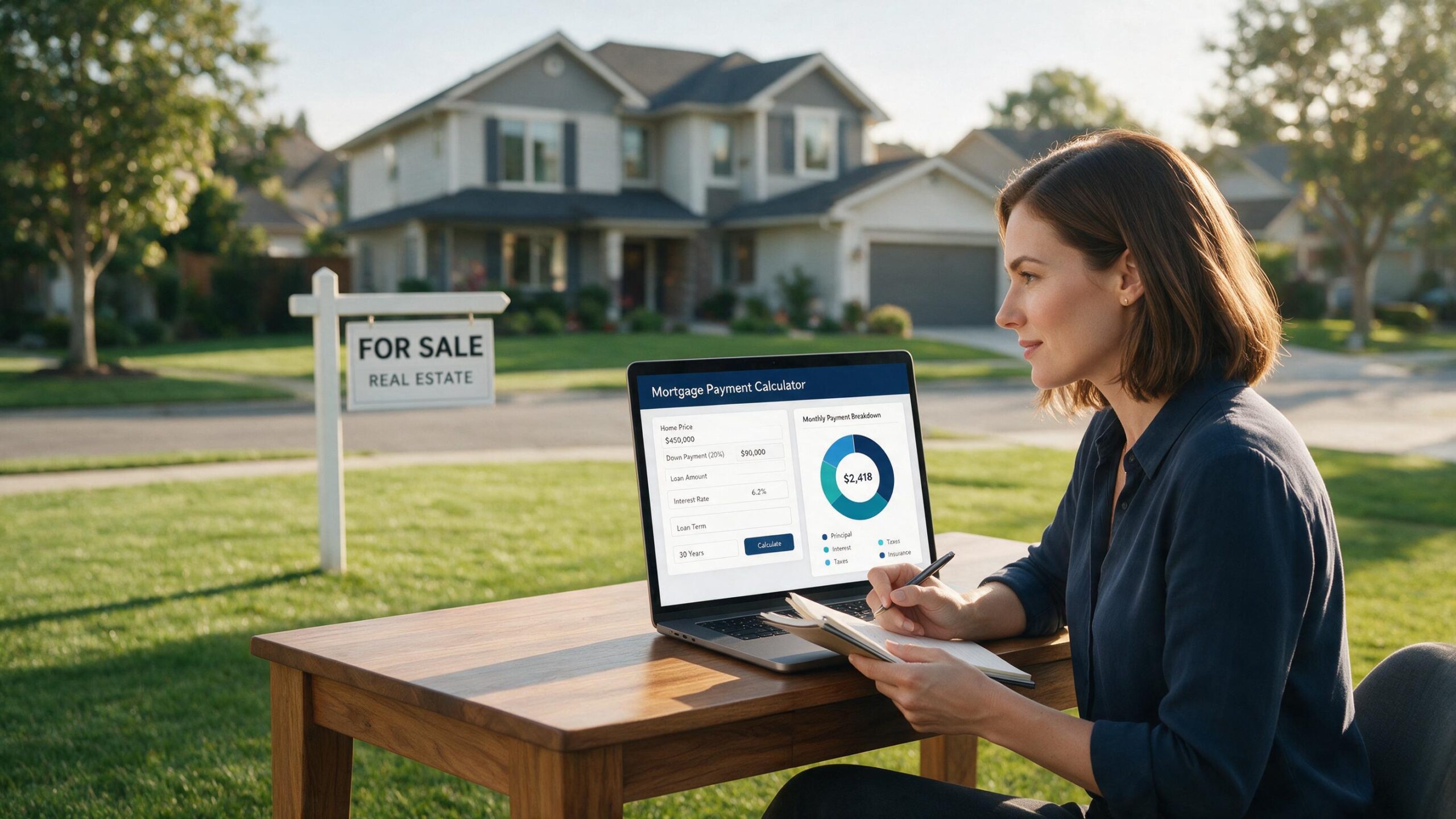 Mortgage payment calculator on a laptop screen showing a monthly principal, interest, taxes, and insurance breakdown in front of a suburban home