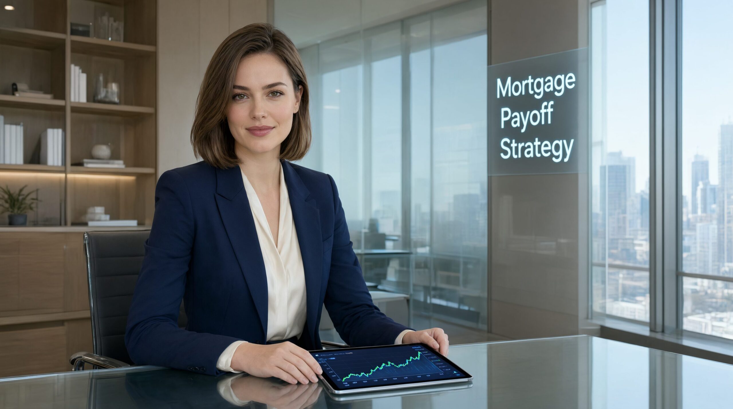 Female financial planner sitting at desk with a tablet showing a mortgage payoff calculator timeline