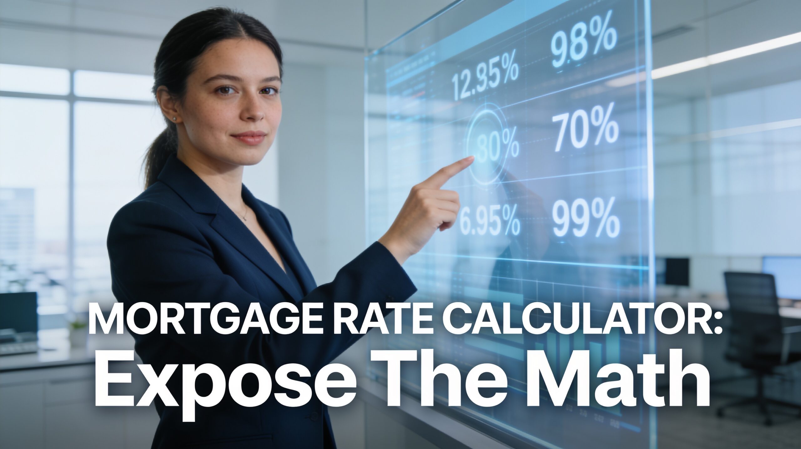A female financial planner presenting the Nxfly Mortgage Rate Calculator on a digital screen.