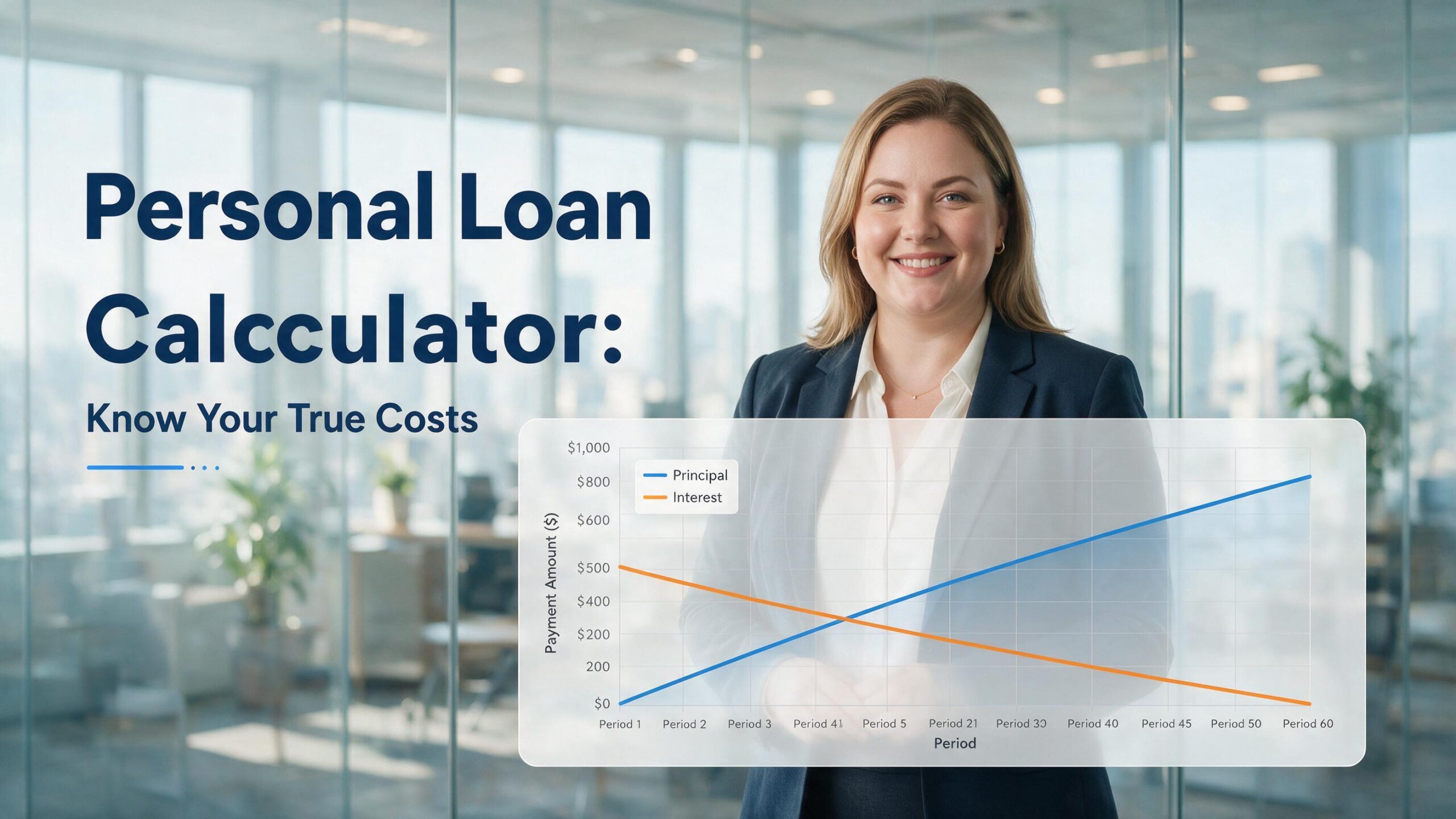 Professional financial planner standing next to a personal loan calculator visualization.