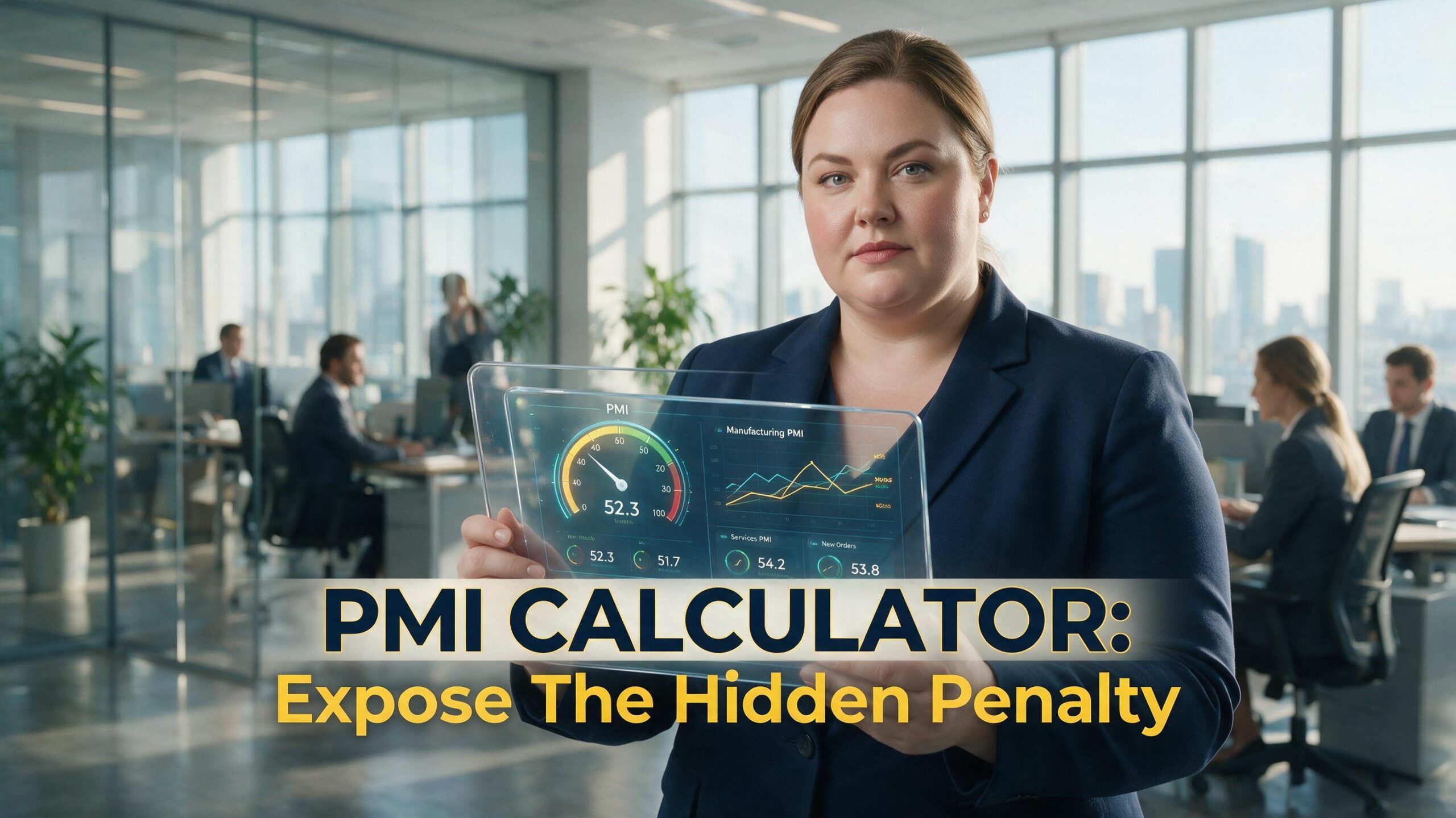 A female financial planner holding a tablet highlighting the Nxfly Private Mortgage Insurance Calculator.