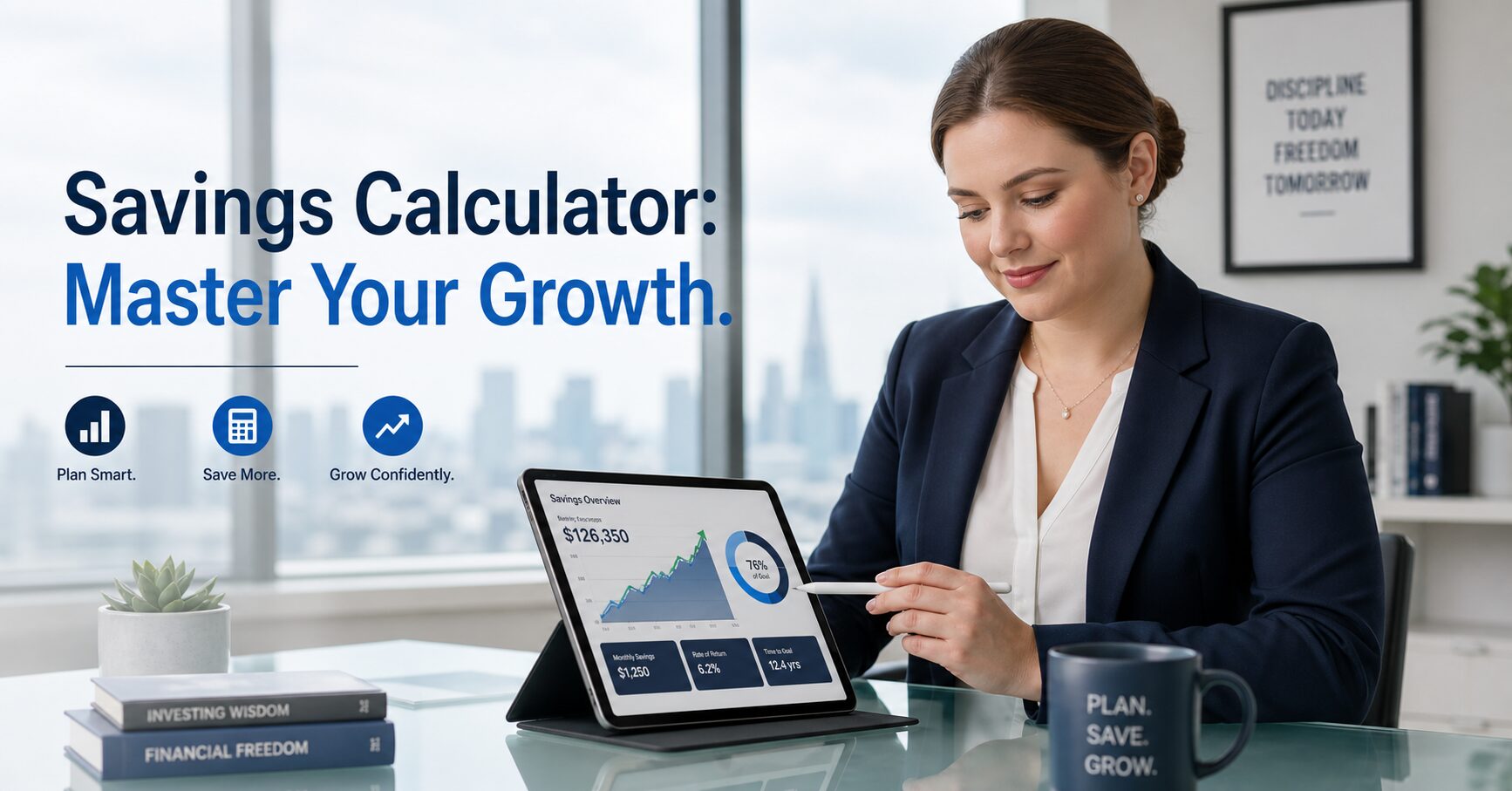 Fair-skinned female financial planner projecting wealth using a savings calculator on a tablet