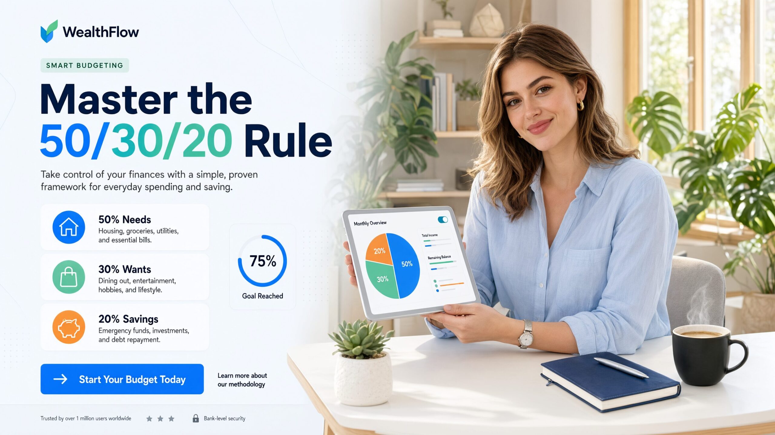Professional woman smiling and reviewing the 50/30/20 budget rule on her tablet.