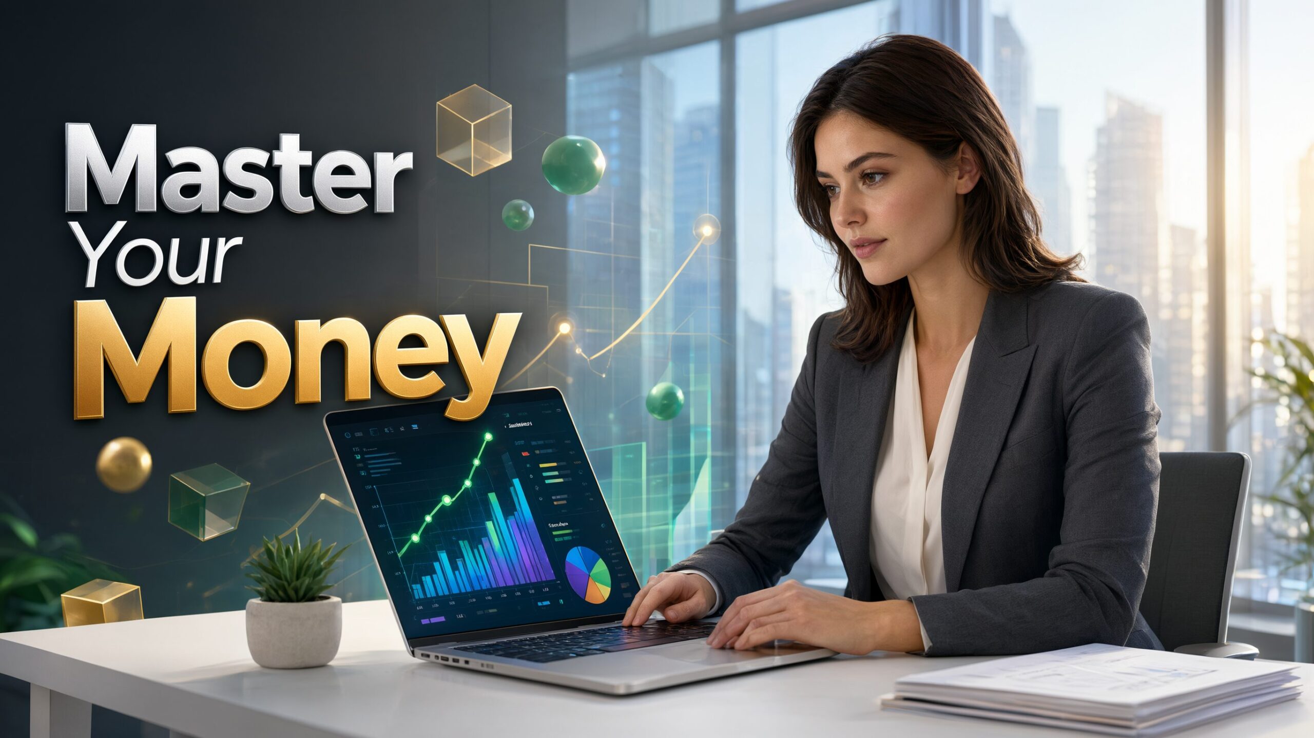 Professional woman analyzing investment risk on a laptop computer.